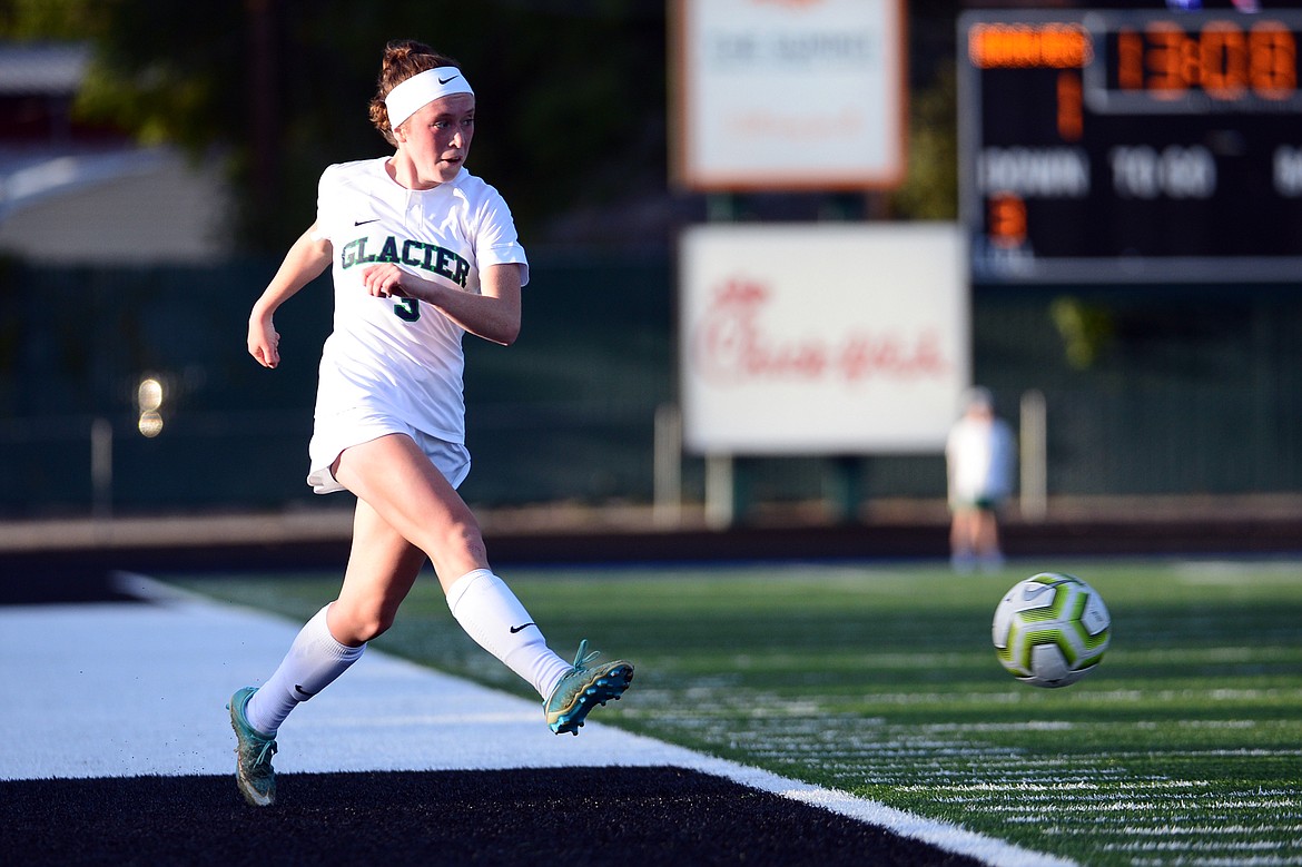 Glacier's Emma Paulson (3) looks to pass against Flathead during crosstown soccer at Legends Stadium on Tuesday. (Casey Kreider/Daily Inter Lake)