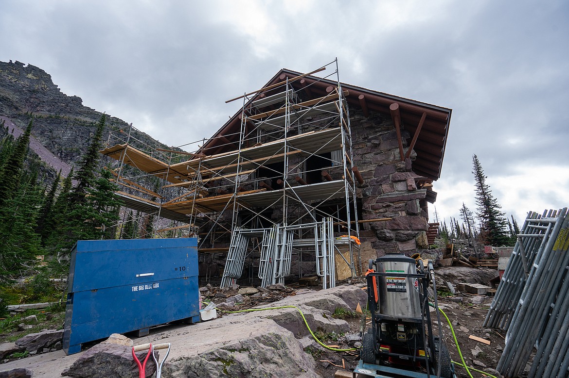 Three sides of the chalet still have scaffolding up, though work on the chalet is expected to finish next month. (Daniel McKay/Whitefish Pilot)