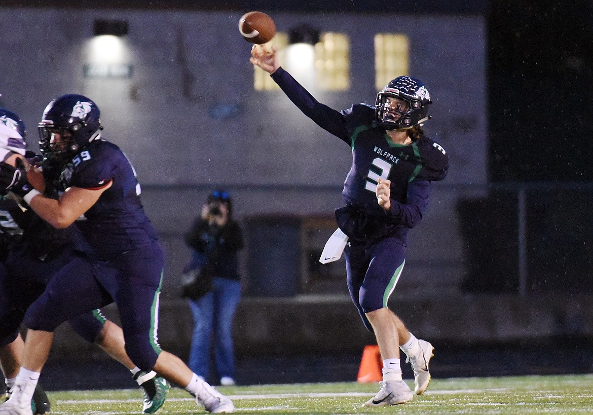 Glacier quarterback JT Allen (3) looks to pass against Butte at Legends Stadium on Friday. (Casey Kreider/Daily Inter Lake)