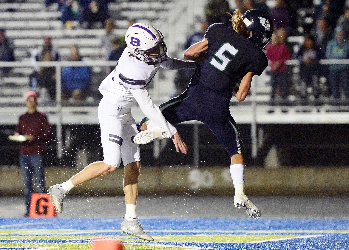 Glacier wide receiver Drew Deck (5) hauls in a touchdown pass in the third quarter against Butte at Legends Stadium on Friday. (Casey Kreider/Daily Inter Lake)