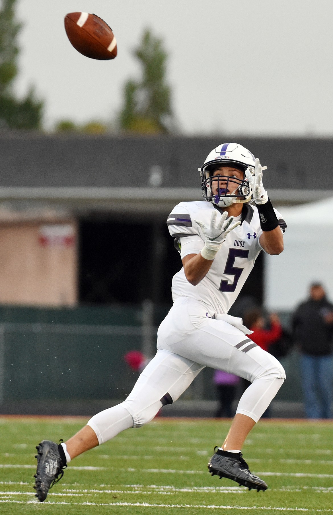 Butte wide receiver Ryan Neil (5) catches a touchdown pass in the first quarter against Glacier at Legends Stadium on Friday. (Casey Kreider/Daily Inter Lake)