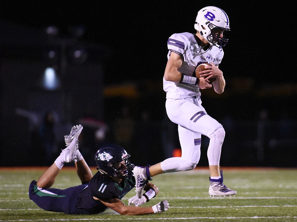 Butte wide receiver Banner Cetraro (9) hangs on to a 65-yard touchdown pass in the second quarter against Glacier at Legends Stadium on Friday. (Casey Kreider/Daily Inter Lake)