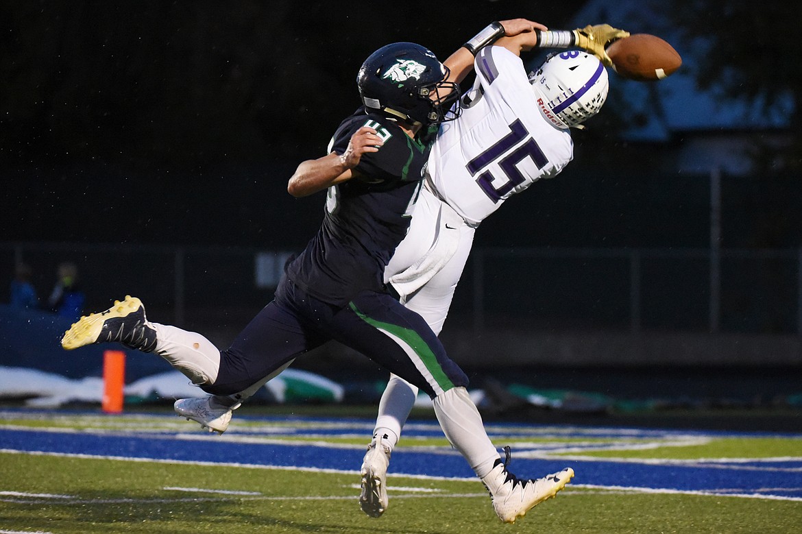 Glacier defensive back KJ Johnson (43) defends a pass attempt to Butte wide receiver Cory West (15) at Legends Stadium on Friday. (Casey Kreider/Daily Inter Lake)