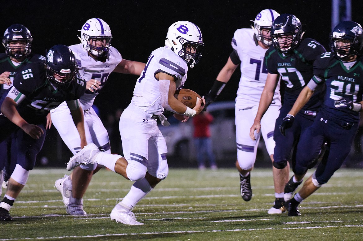 Butte running back Kameron Moreno (34) looks upfield on a third quarter run against Glacier at Legends Stadium on Friday. (Casey Kreider/Daily Inter Lake)