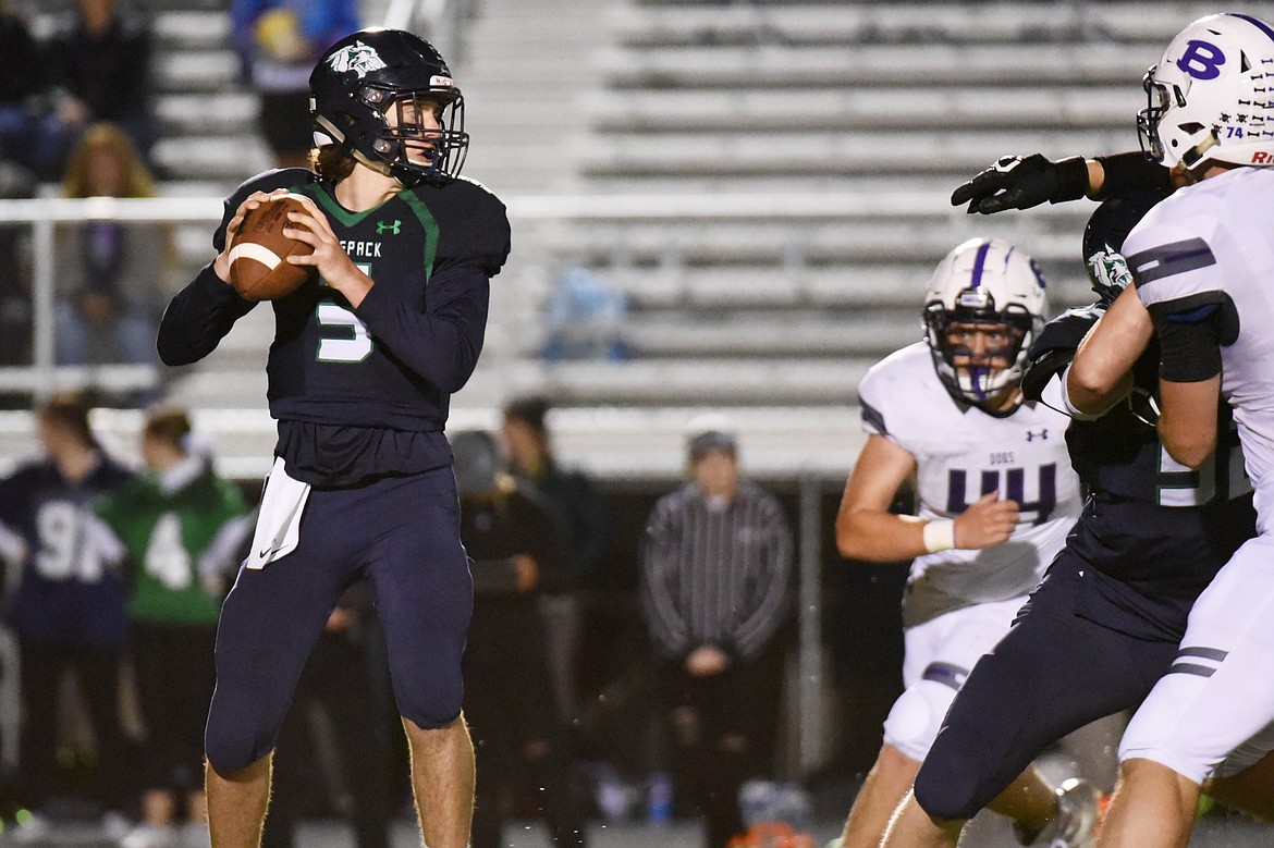 Glacier quarterback JT Allen (3) drops back to pass in the third quarter against Butte at Legends Stadium on Friday. (Casey Kreider/Daily Inter Lake)