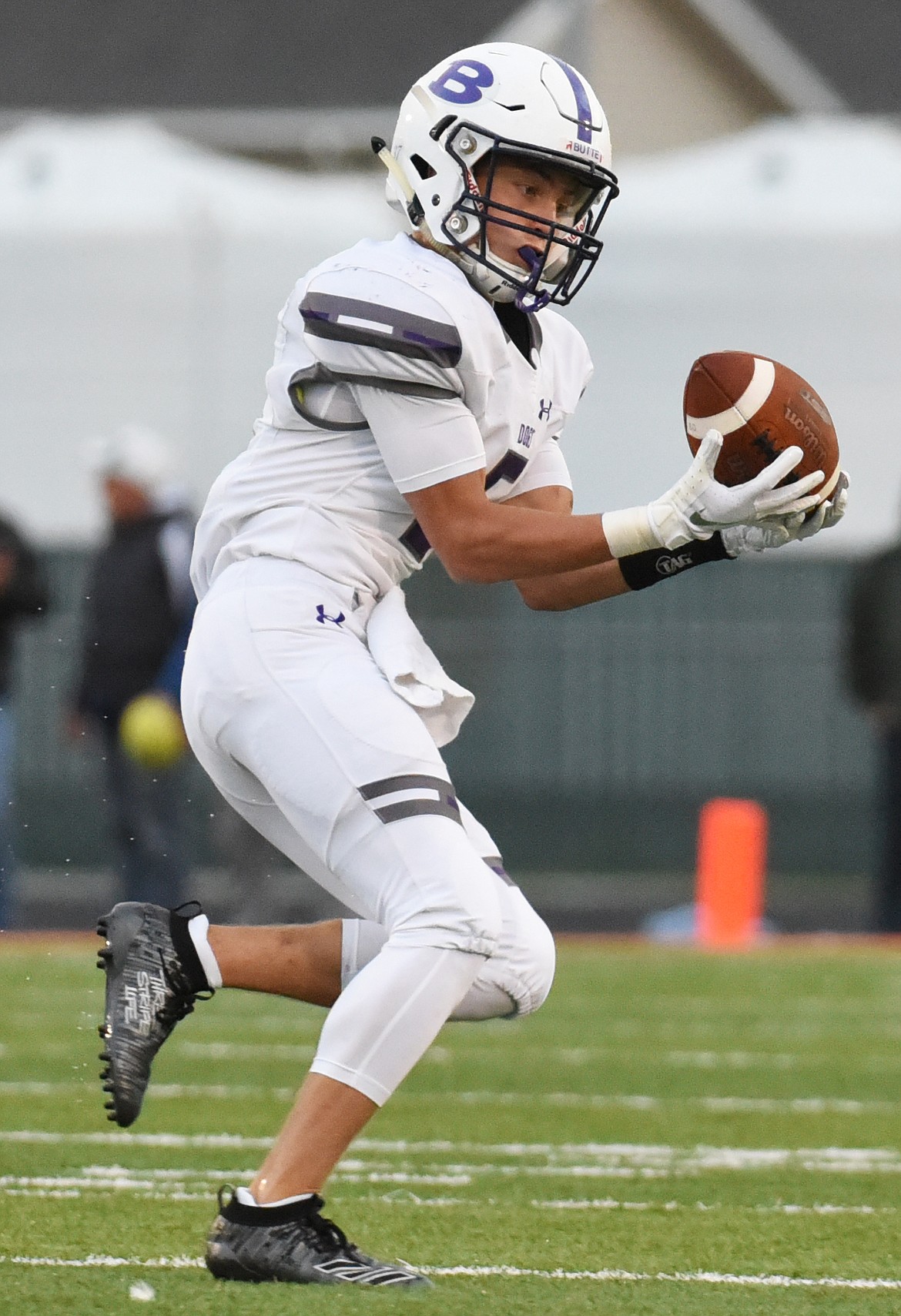 Butte wide receiver Ryan Neil (5) catches a touchdown reception in the first quarter against Glacier at Legends Stadium on Friday. (Casey Kreider/Daily Inter Lake)