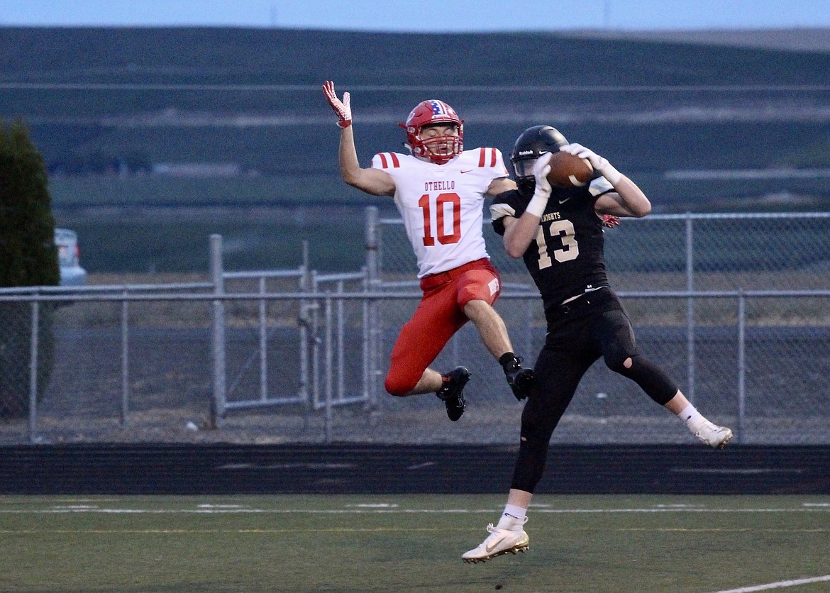 Casey McCarthy/ Columbia Basin Herald Royal&#146;s Cooper Christensen pulls down the interception in the end zone during the Knights&#146; win in their home opener.