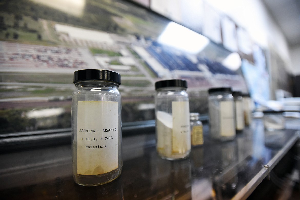 Raw materials used to make aluminum are stored inside jars on a display case inside an administration building on the Columbia Falls Aluminum Co. property.