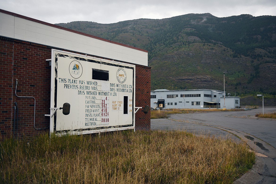 Old signage that kept track of days worked with a lost time accident remains outside an administration building on the Columbia Falls Aluminum Co. property on Wednesday, Sept. 18. (Casey Kreider/Daily Inter Lake)