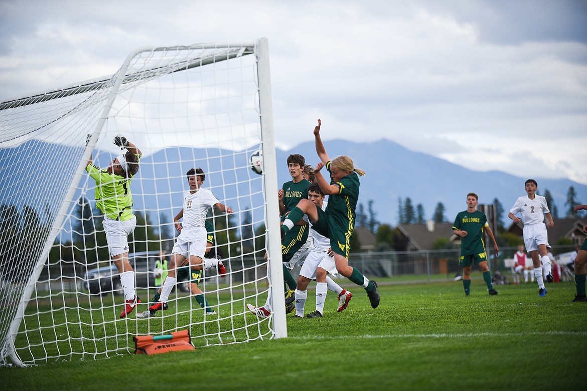 Chase Sabin flies in for a goal off a corner kick during last week&#146;s blowout of Polson.  (Daniel McKay/Whitefish Pilot)