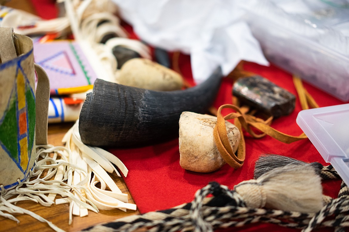 A bison horn and other objects were featured during a presentation by artist and elder Albertine Crow Shoe last week at Whitefish Middle School. (Daniel McKay/Whitefish Pilot)