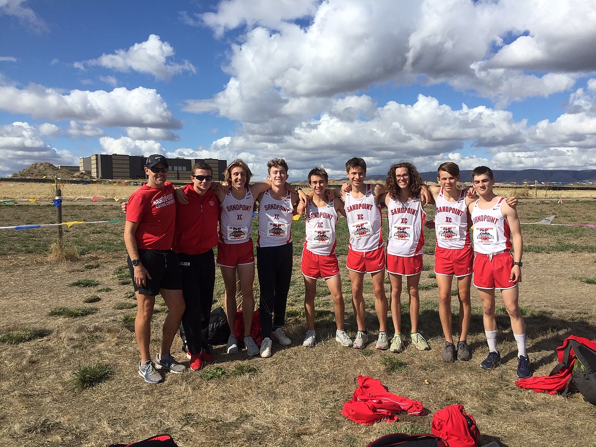 Courtesy photo
The Sandpoint boys cross country team won the team title at Saturday&#146;s Inland Empire Classic in Lewiston, setting a school record for pack time in 16 minutes, 1 second. From left are coach Matt Brass, Brady Nelsen, Gabe Christman, Seth Graham, Keegan Nelson, Nikolai Braedt, Jett Lucas, Trey Clark and Tyler McNamee.