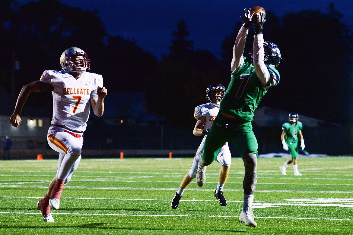 Glacier wide receiver Colin Bowden (1) can&#146;t haul in a pass in the end zone in the second quarter against MIssoula Hellgate at Legends Stadium on Friday. (Casey Kreider/Daily Inter Lake)