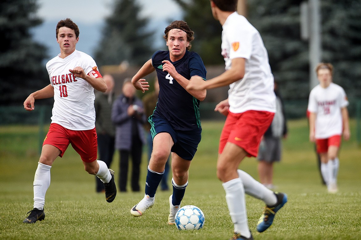 Glacier's Braden Nitschelm (4) pushes the ball upfield against Missoula Hellgate at Glacier High School on Thursday. (Casey Kreider/Daily Inter Lake)