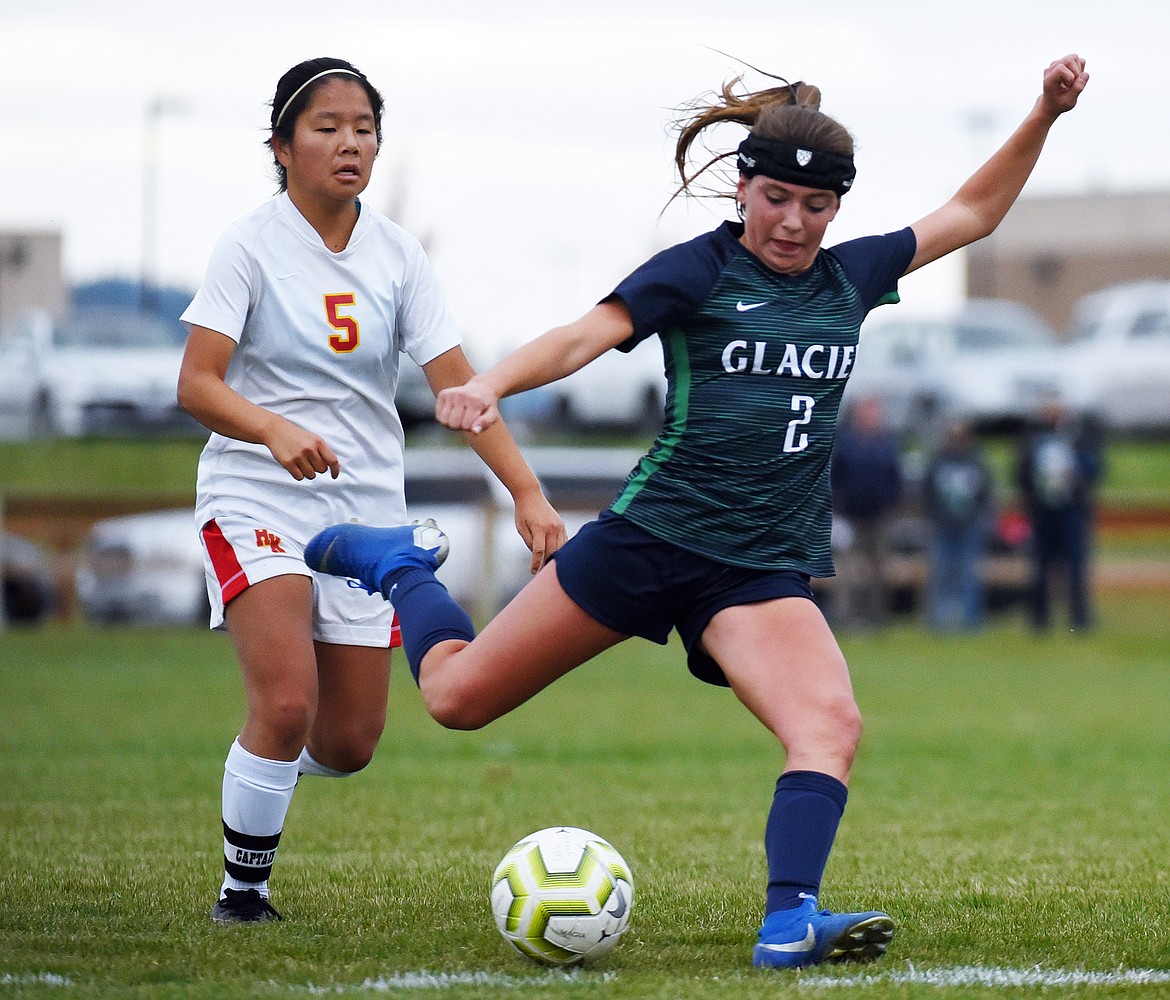 Glacier's Emily Cleveland (2) looks to shoot against Missoula Hellgate at Glacier High School on Thursday. (Casey Kreider/Daily Inter Lake)