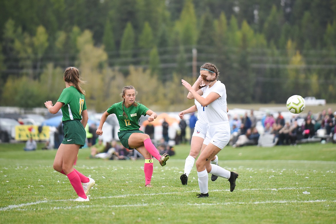 Anna Cook rockets a shot toward the goal during Thursday&#146;s Senior Night victory over Bigfork. (Daniel McKay/Whitefish Pilot)