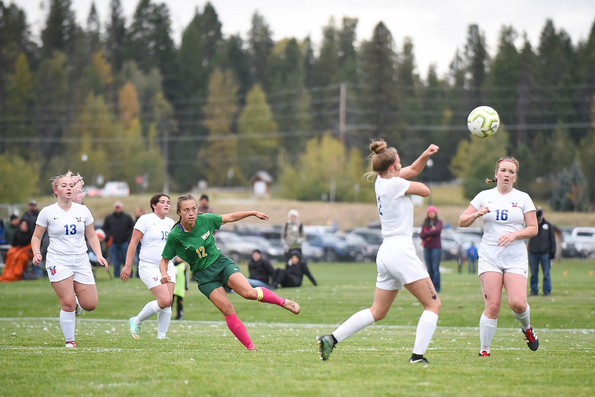 Anna Cook rockets a shot toward the goal during Thursday&#146;s Senior Night victory over Bigfork. (Daniel McKay/Whitefish Pilot)