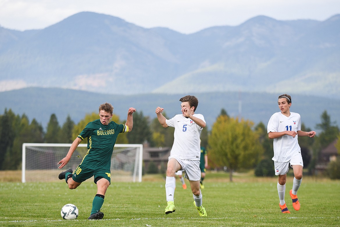 Casey Schneider fires on the goal during Thursday&#146;s Senior Night victory over Bigfork. (Daniel McKay/Whitefish Pilot)