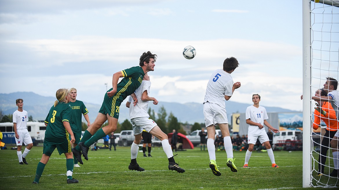 Sam Menicke uses his head during Thursday&#146;s Senior Night victory over Bigfork. (Daniel McKay/Whitefish Pilot)