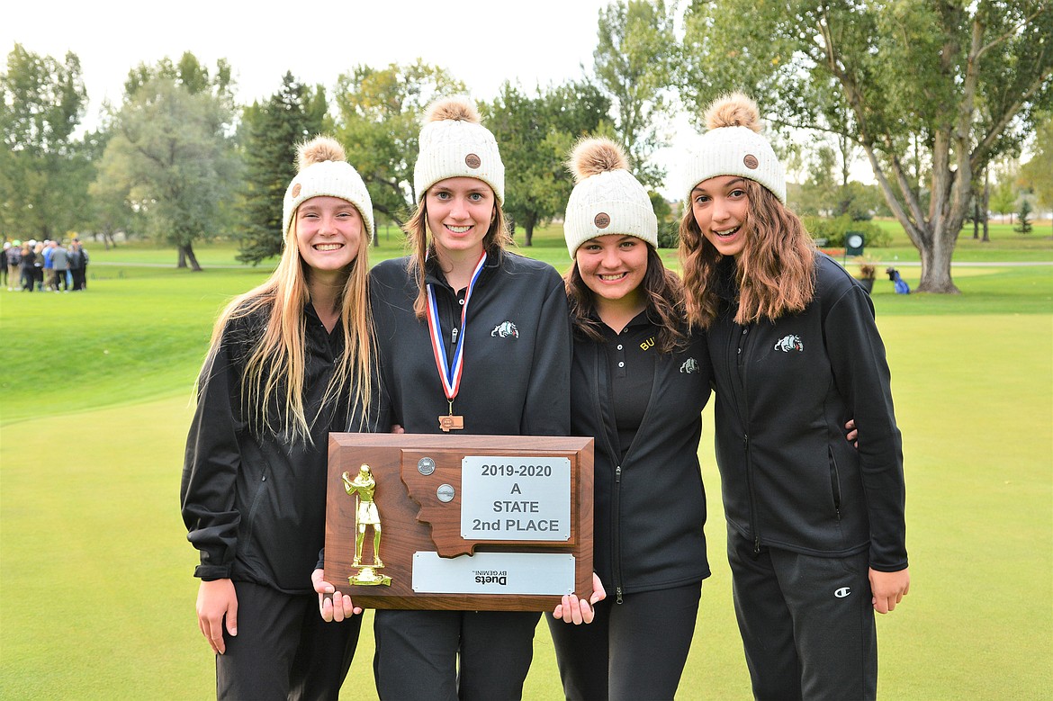 The second-place Bulldog girls golf team at the Class A State Tournament last weekend in Laurel, including Kendall Reed, Megan Archibald, Anna Elm, Anyah Cripe and Ella Shaw (not pictured). (Jeff Doorn photo)