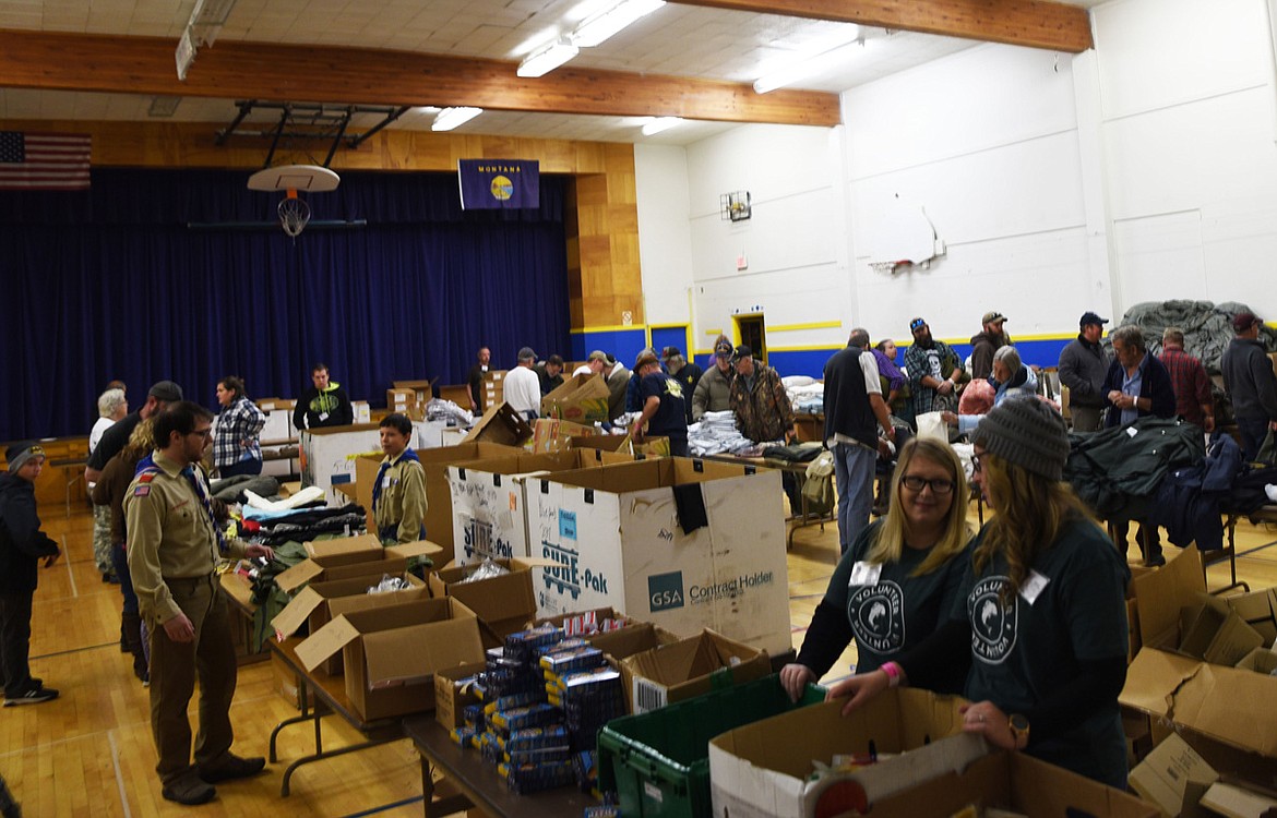 Stand Down assembly line of goods for vets at Asa Wood Elementary School in Libby. (Tana Wilson/The Western News)