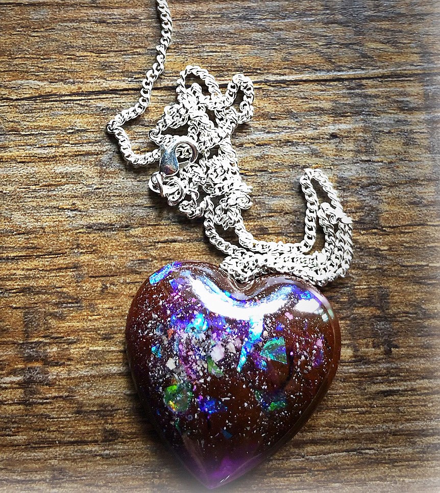 Courtesy photo
This heart pendent contains ashes of Twyla Jensen&#146;s father, who passed away last summer. Through her company, Spirit Soul Treasures, she creates custom resin keepsakes using ashes of pets and loved ones to help heal the hearts of those in mourning.