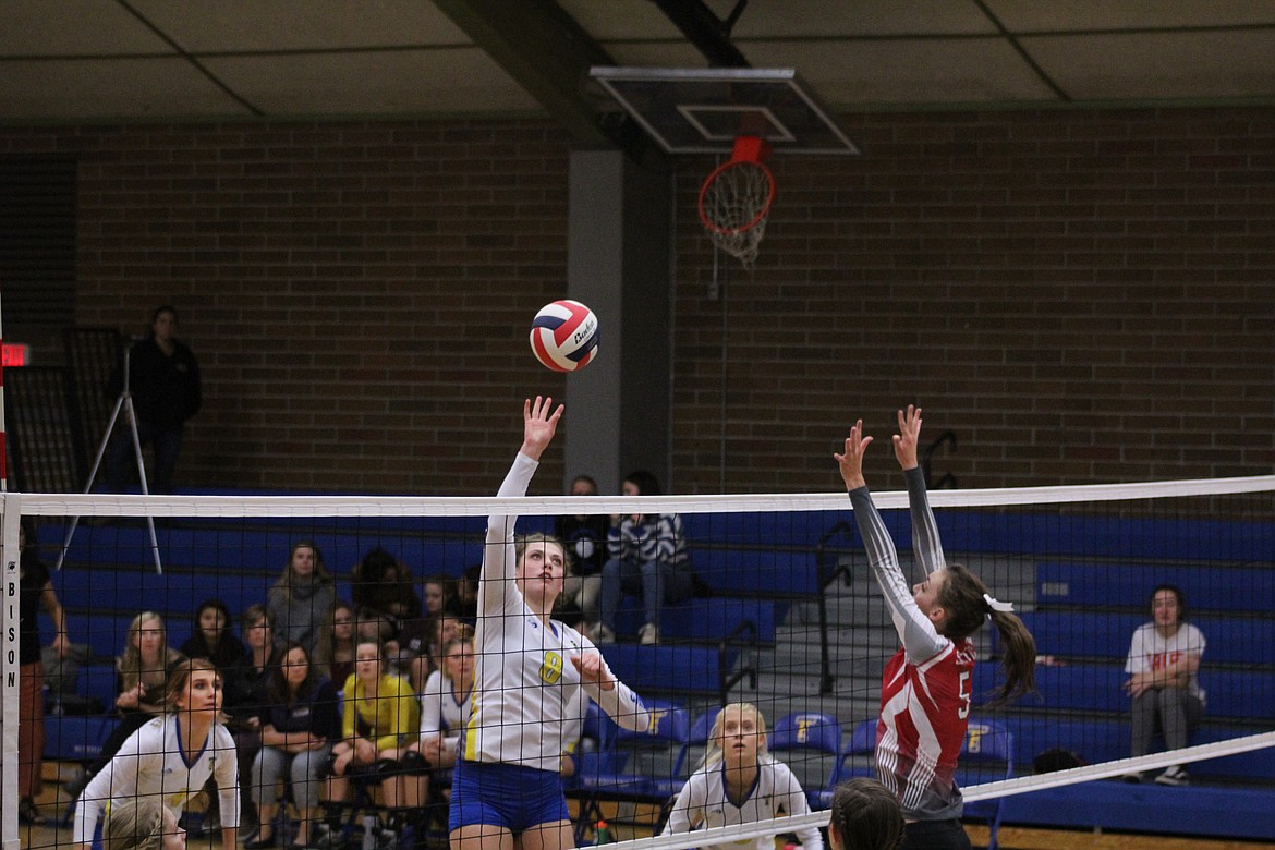 JODY DETLAFF about to spike the ball against Arlee, last Saturday night. (John Dowd/Clark Fork Valley Press)