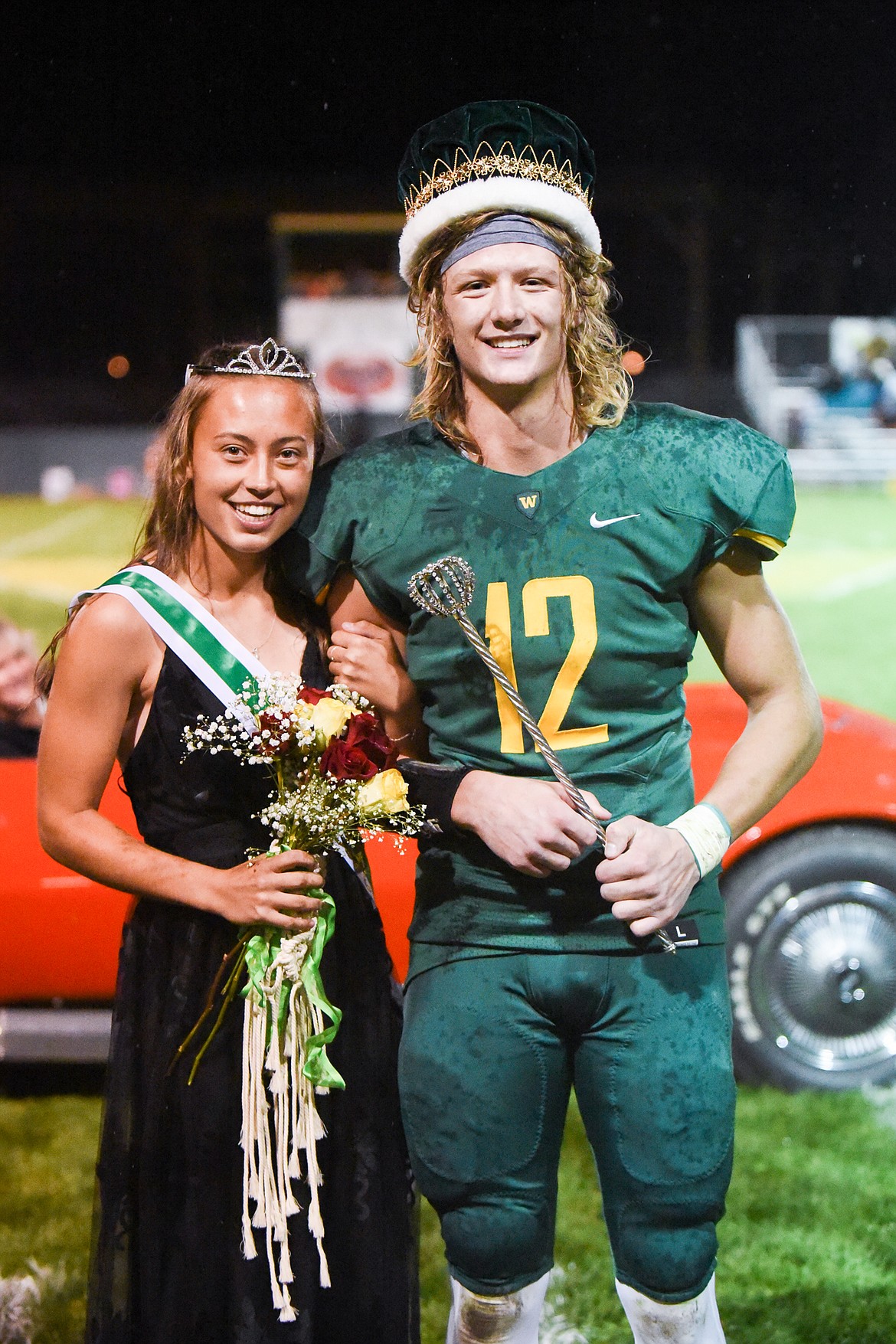 Whitefish homecoming Queen Anna Cook and King Ian Calaway were crowned during halftime of the Bulldogs&#146; win over Ronan on Friday night. (Daniel McKay/Whitefish Pilot)