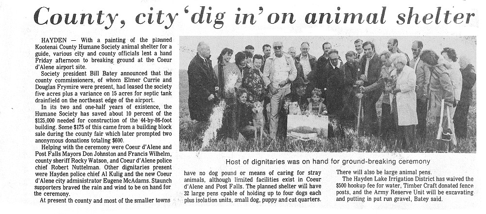 Cutline: This newspaper article from 1978 ran when the Kootenai Humane Society originally broke ground in 1978. A capital campaign for a new shelter is about two-thirds of the way complete. Construction is expected to begin by spring 2020 with an opening date expected by the end of next year. (Courtesy photo)