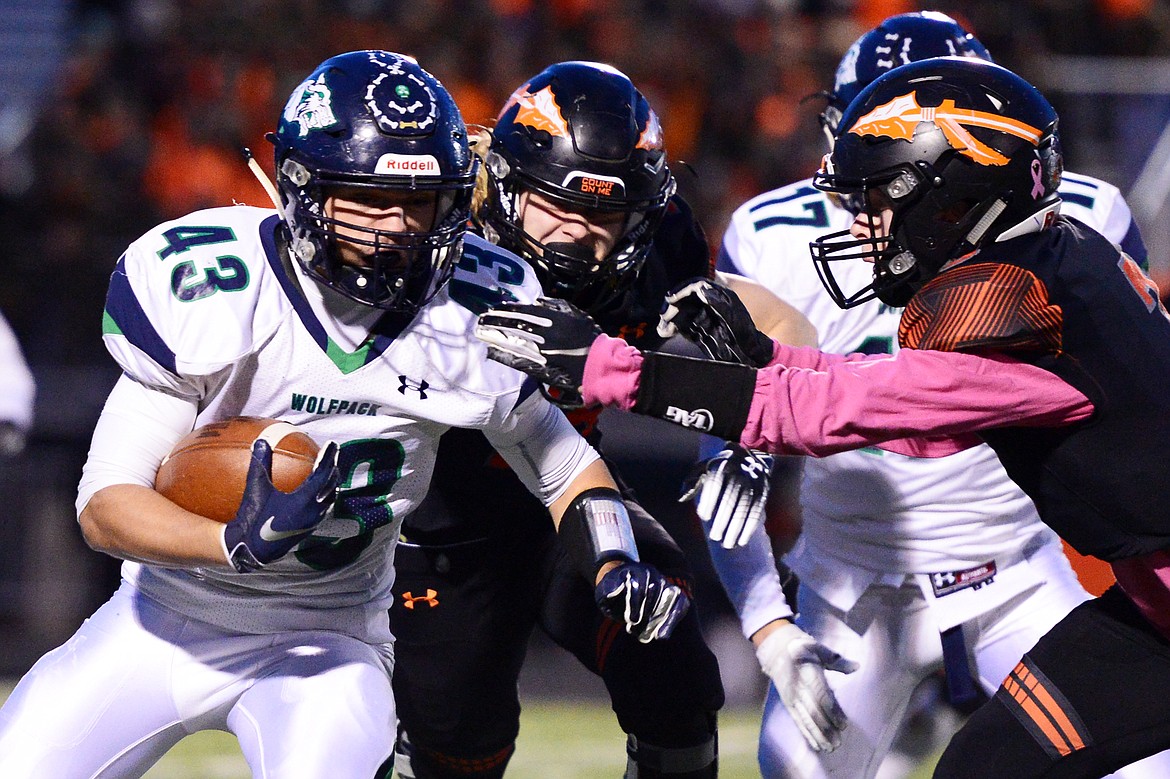 Glacier's KJ Johnson returns a kickoff in the first quarter during a crosstown matchup at Legends Stadium on Friday. (Casey Kreider/Daily Inter Lake)