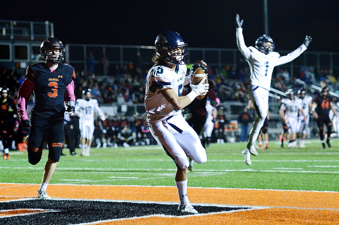 Glacier wide receiver Drew Deck (5) catches an 18-yard touchdown pass in the third quarter against Flathead during a crosstown matchup at Legends Stadium on Friday. (Casey Kreider/Daily Inter Lake)