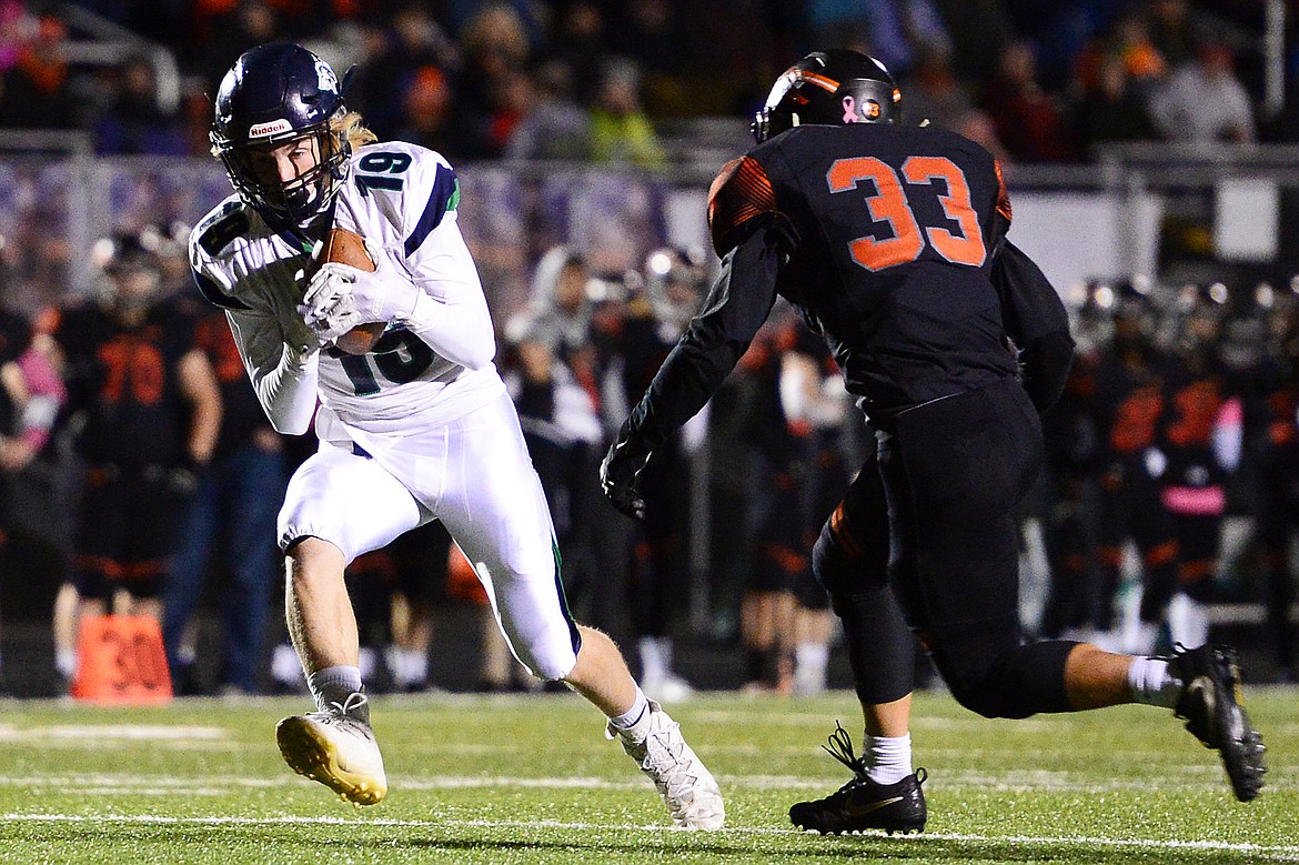 Glacier wide receiver Jonah Pate (19) catches a pass in the second quarter against Flathead during a crosstown matchup at Legends Stadium on Friday. (Casey Kreider/Daily Inter Lake)