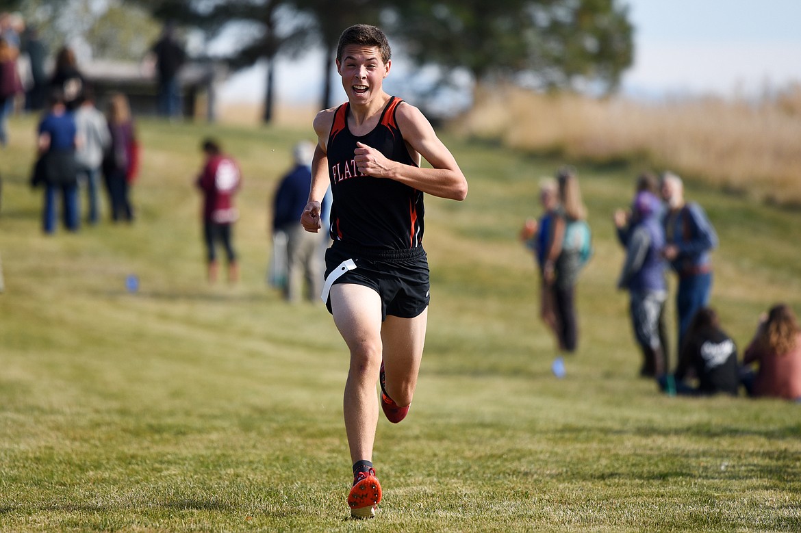 Flathead's Gabe Felton heads down the home stretch at the Glacier Invite at Rebecca Farm on Wednesday. Felton placed fourth in the boys' race. (Casey Kreider/Daily Inter Lake)