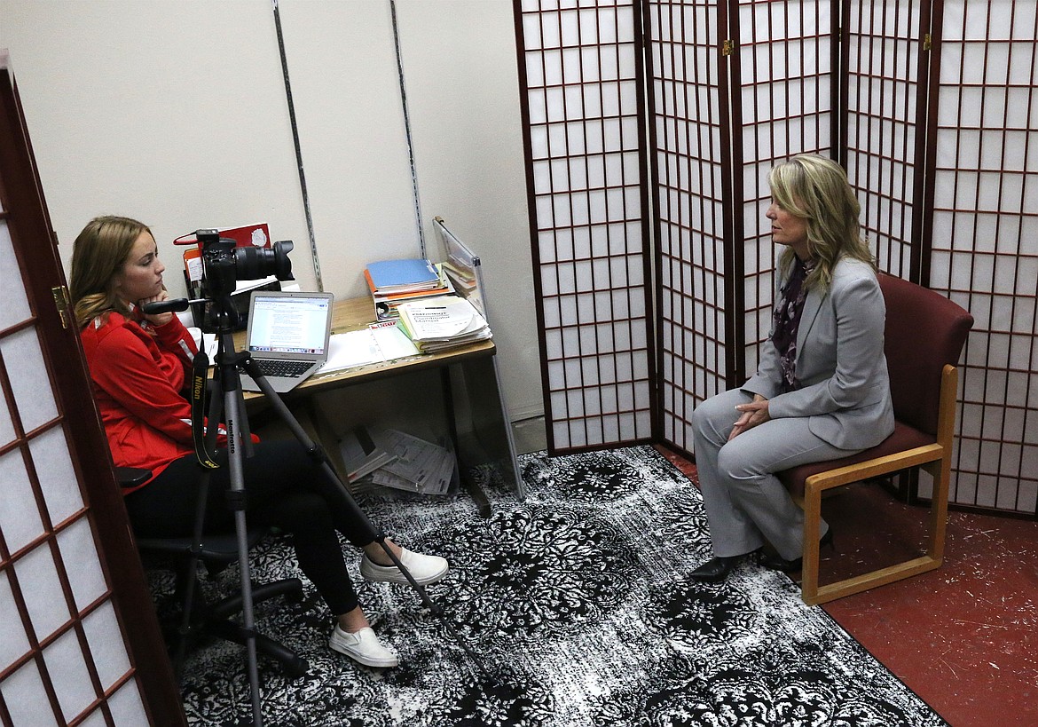 (Photo by MARY MALONE)
Sandpoint High School Cedar Post editor-in chief Emi Lynch, left, had the chance to interview Idaho&#146;s superintendent of public instruction Sherri Ybarra on at SHS on Friday. Ybarra toured the school and the North Idaho College CTE Roadshow held in the SHS gymnasium on Friday as well.