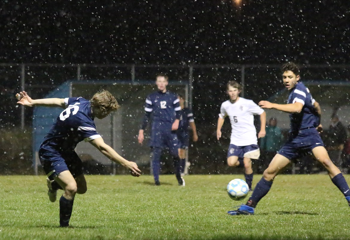 Photo by MANDI BATEMAN
The snow started falling during the Badgers&#146; game against Timberlake High School on Oct. 8. It didn&#146;t slow down Bonners Ferry, which won 2-0.