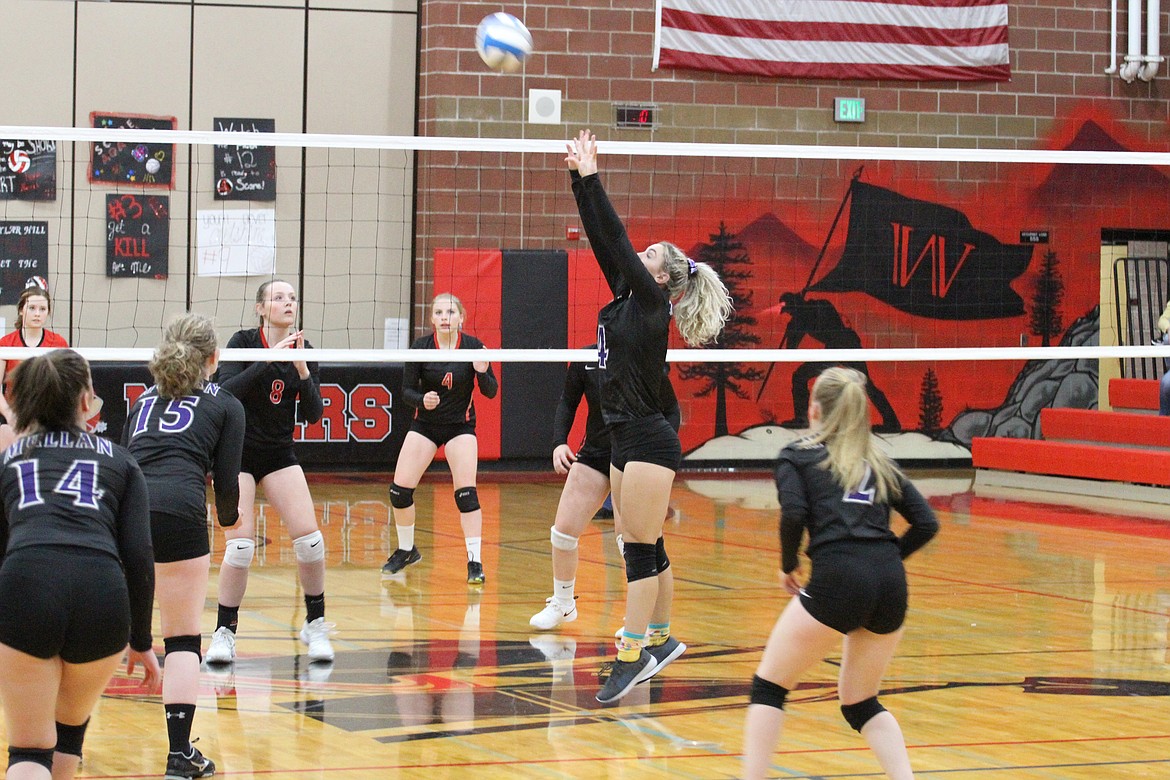 Tallowa Fallingwater sets the ball up for a Mullan hit during the Tigers&#146; Oct. 8 match at Wallace. The Miners won in three sets.