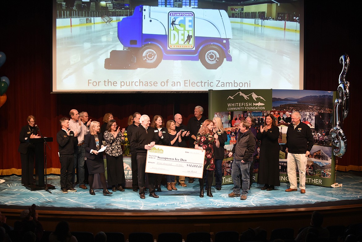 The Stumptown Ice Den earned a major community grant of $30,000 toward the purchase an electric Zamboni Thursday night during the Great Fish Community Challenge Awards Celebration at the Whitefish Performing Arts Center. (Heidi Desch/Whitefish Pilot)