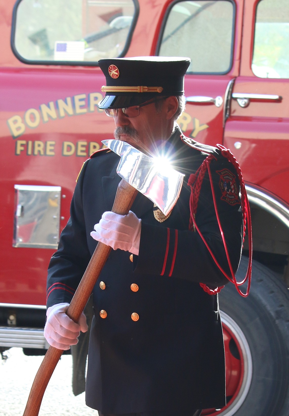 Photos by MANDI BATEMAN
The Boundary County Fire Chiefs Association Honor Guard, which includes Ken Baker, right photo, were part of the Sunday, Oct. 6, National Fallen Firefighters Memorial Weekend Observance in Bonners Ferry.