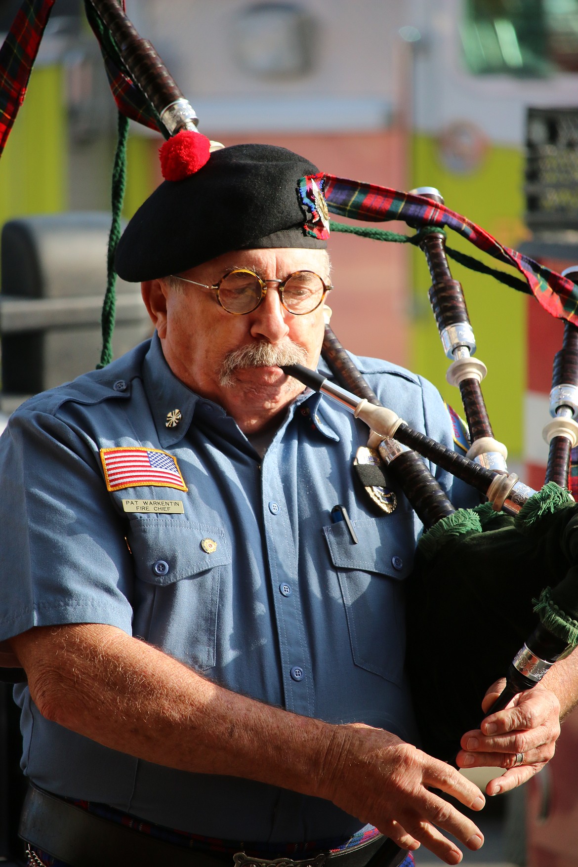 Photo by MANDI BATEMAN
Bonners Ferry Firefighter Pat Warkentin played &#147;Amazing Grace&#148; on the bagpipes.