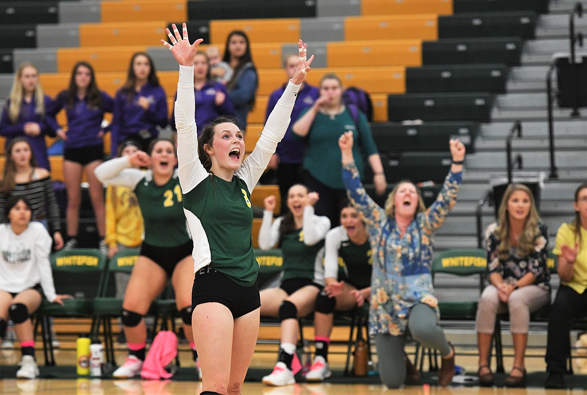 Kaiah Moore celebrates after a point during last Tuesday&#146;s home loss to Polson. (Jeff Doorn photo)