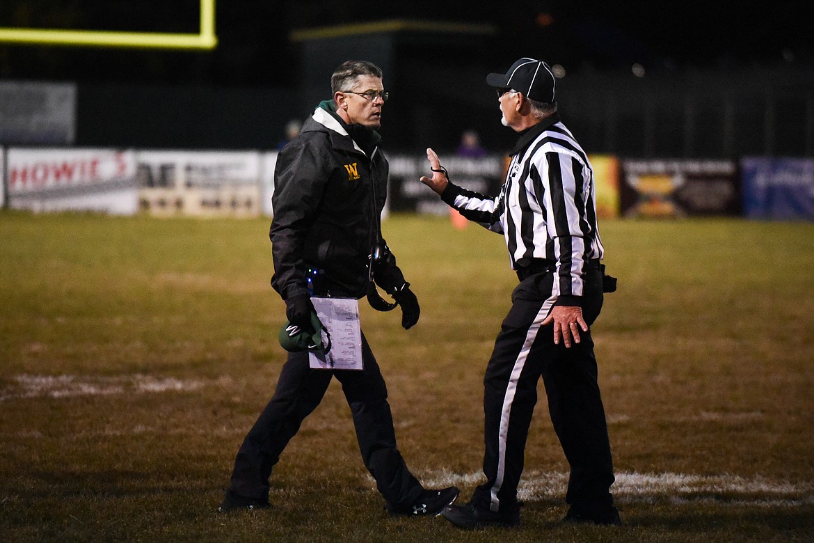 Head coach Chad Ross voices his frustration with a call in the Bulldogs' home loss to Hamilton. (Daniel McKay/Whitefish Pilot)