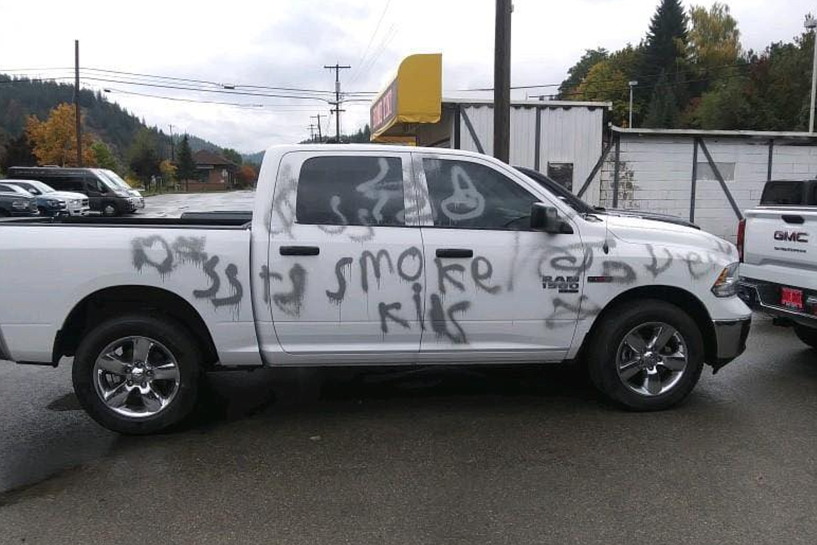 Courtesy photo
This truck was parked outside the Dave Smith Motors Tint Shop off Division Street in Kellogg. Unlike the vadalism that occurred in uptown Kellogg, this incident happened late Friday night or early Saturday morning.