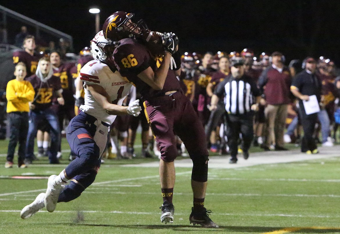 File photo
Former Moses Lake wide receiver Kyler Haneberg catches a touchdown against Eisenhower.