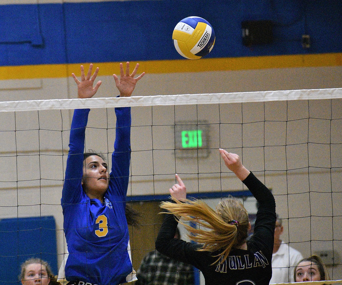 DYLAN GREENE/Bonner County Daily Bee
Clark Fork sophomore Caiya Yanik goes up to block a shot during the 1A Division II District 1 volleyball championship match Saturday at Clark Fork High School.