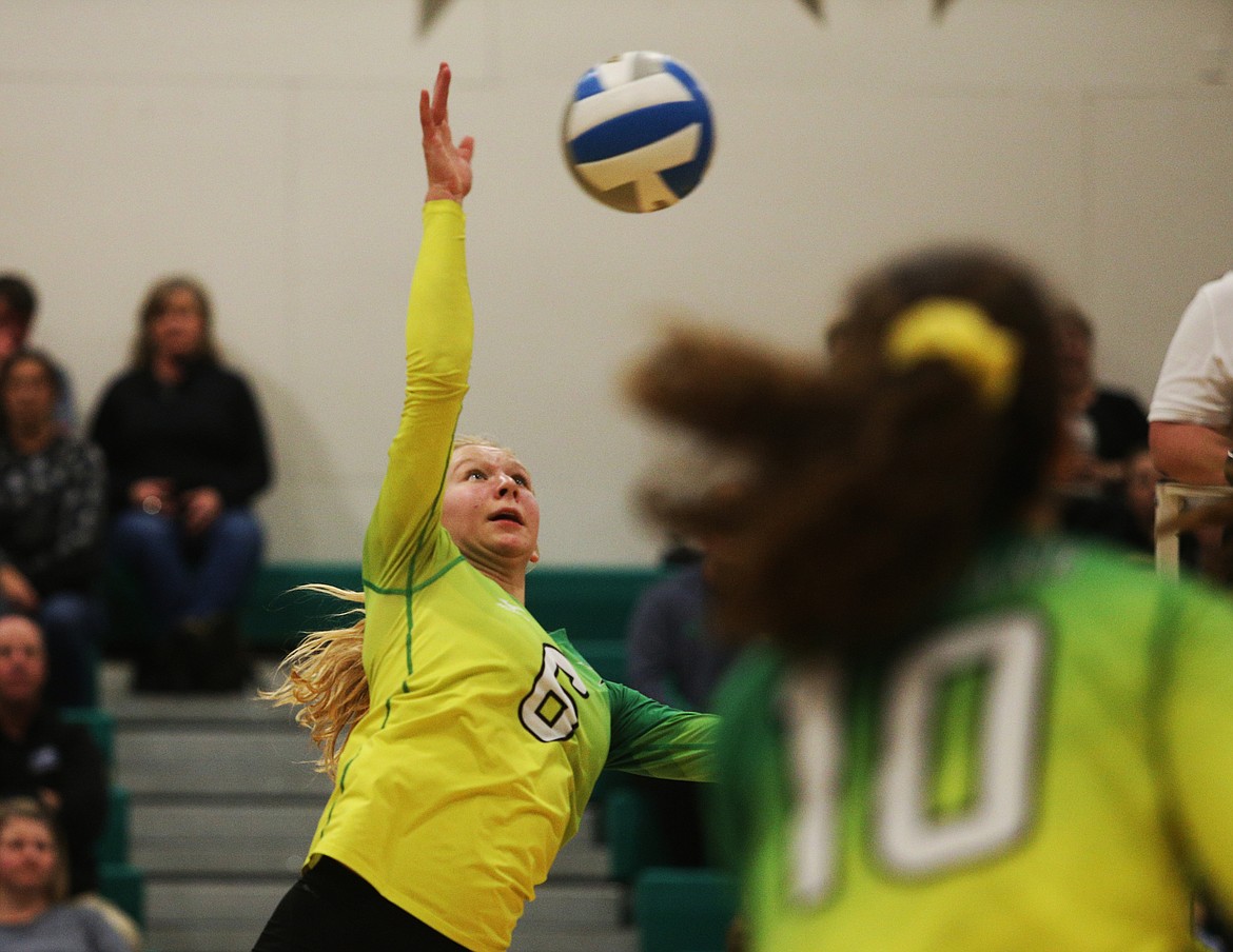 Lakeland High&#146;s Addisen Kiefer spikes the ball during Thursday night&#146;s 4A Region 1 championship match against Moscow. (LOREN BENOIT/Press)