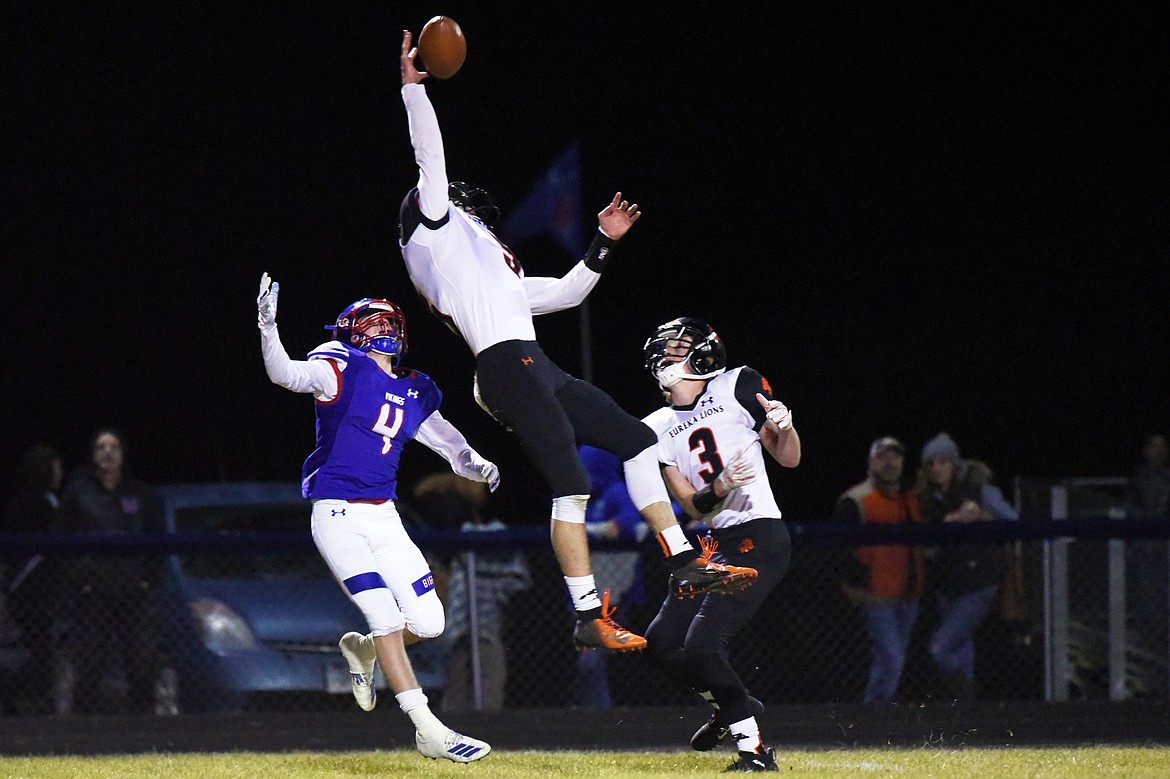 Eureka defensive back Hank Dunn (5) breaks up a pass in the second quarter against Bigfork at Bigfork High School on Friday. (Casey Kreider/Daily Inter Lake)