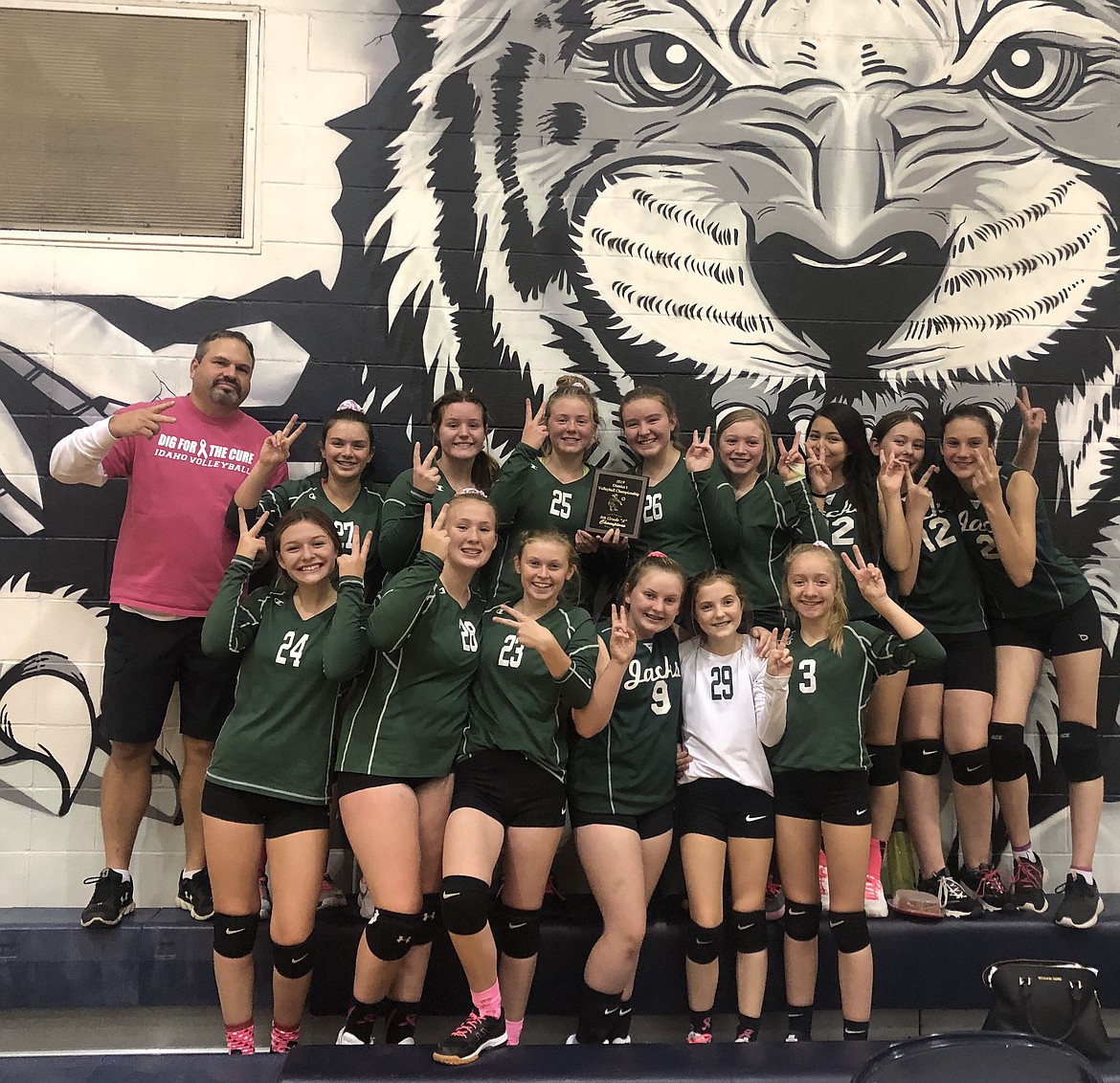 Courtesy photo
The St. Maries eighth-grade volleyball team repeated as Timberlake tournament champions on Oct. 12. St. Maries beat Sandpoint 21-9 and Timberlake 21-15 in pool play, beat Bonners Ferry 25-23, 22-25, 15-4 and defeated Kellogg 25-15, 22-25, 15-8 in the championship. The Lumberjacks finished the season 15-2. In the front row from left are Lily Daniel, Sami Sindt, Kammi Rimel, Annalee Morrissey, Ava Stancil and Abbie Wilks; and back row from left, coach Bryan Chase, Mackenzie Nelson, Jacklin Linnemeyer, Lexie Brebner, Tayla Janssen, Kara Sexton, Rainie Coleman, Brianna Peters and Elizabeth Rouse.