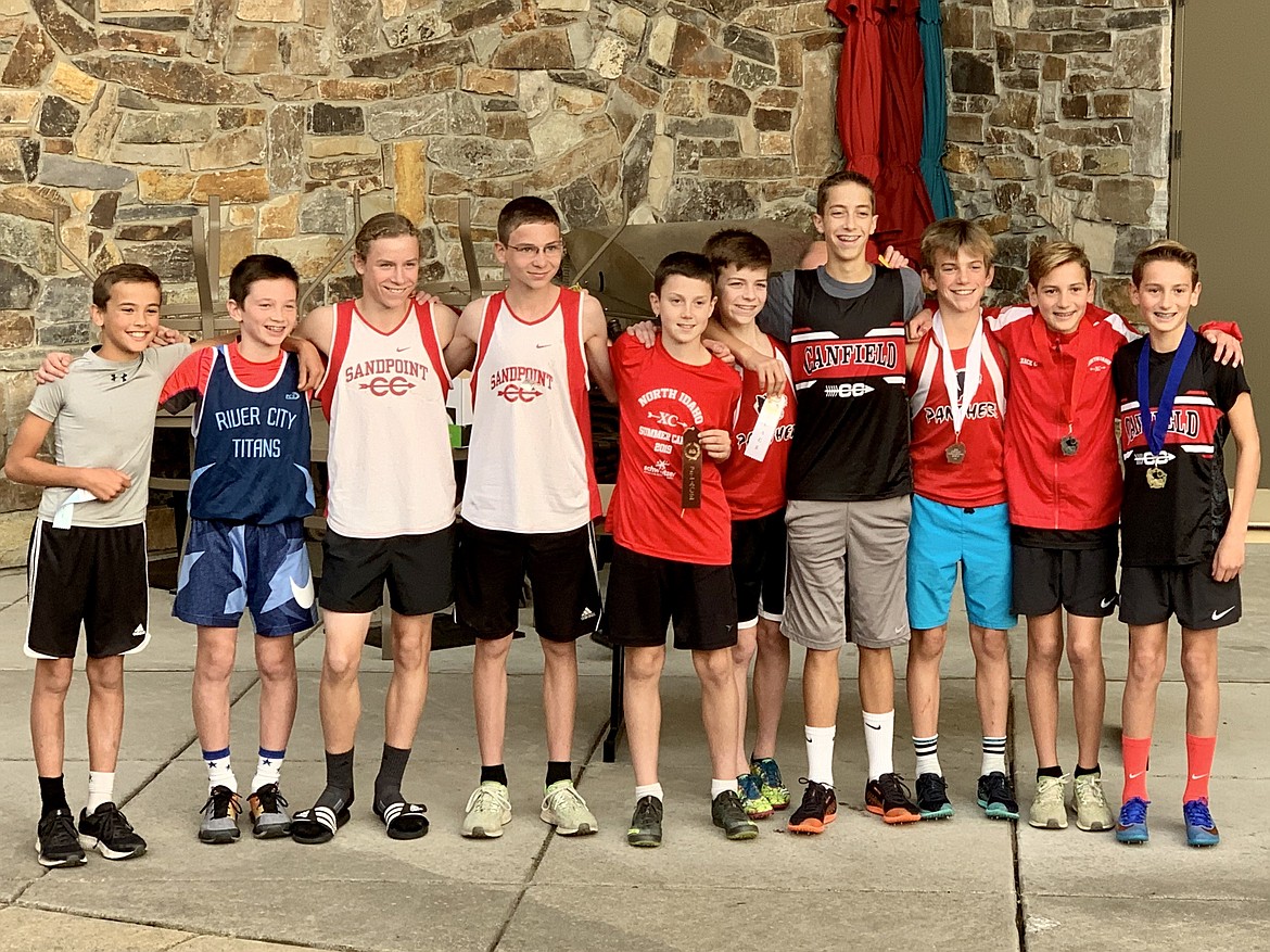 Courtesy photo
Top finishers at the middle school cross country district championships Oct. 16 at Ramsey Park were, from right, 1st, Max Cervi-Skinner (Canfield, 7:27.9); 2nd, Zack Cervi-Skinner (Canfield, 7:37.1); 3rd, Lachlan May (Charter, 7:45.0); 4th, Jacob King (Canfield 7:47.2); 5th, Nathan Russell (Charter, 7:53.5); 6th, Logan Anderson (Canfield, 8:00.2); 7th, Nathan Roche (Sandpoint, 8:01.7); 8th, Jett Longanecker (Sandpoint, 8:04.1); 9th Steven Anderson (River City, 8:17.9); and 10th, Mitchell Rietze (Canfield, 8:18.9). Max Cervi-Skinner finished undefeated in large-school races this season.