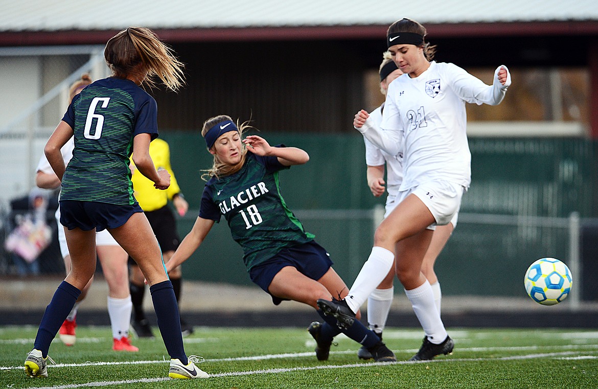 Glacier's Madison Becker (18) looks to shoot in the first half against Butte at Legends Stadium on Tuesday. (Casey Kreider/Daily Inter Lake)