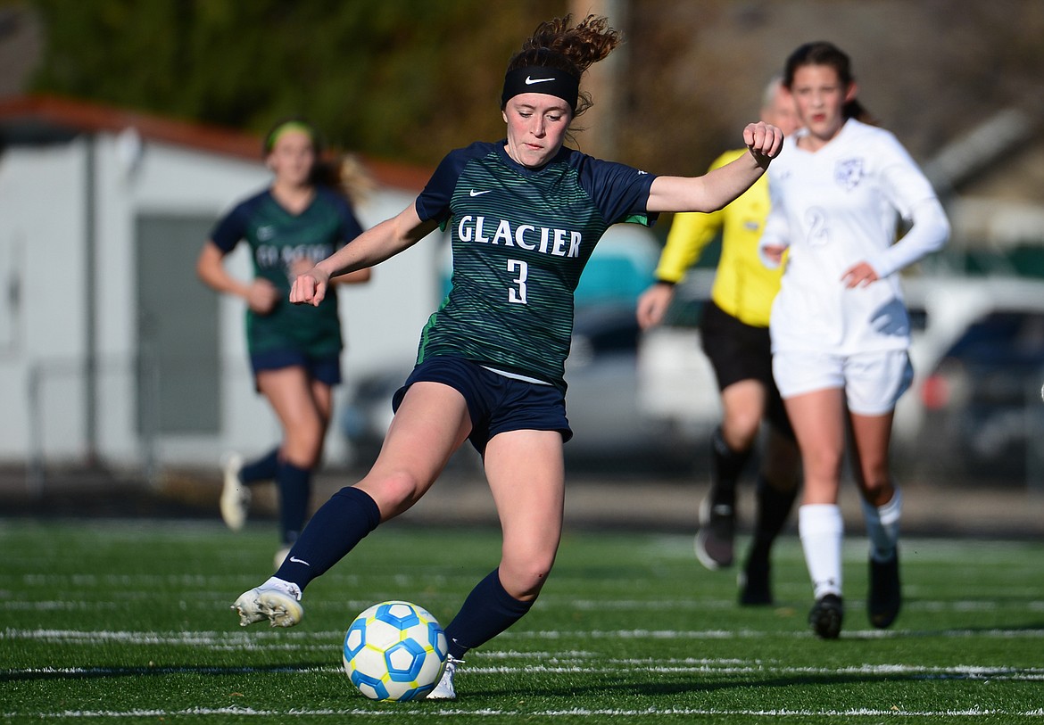 Glacier's Emma Paulson (3) works the ball upfield against Butte at Legends Stadium on Tuesday. (Casey Kreider/Daily Inter Lake)